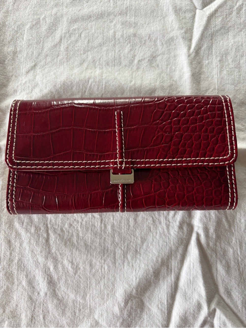 Liz Claiborne Red Croc-Embossed Leather Wallet with White Stitching